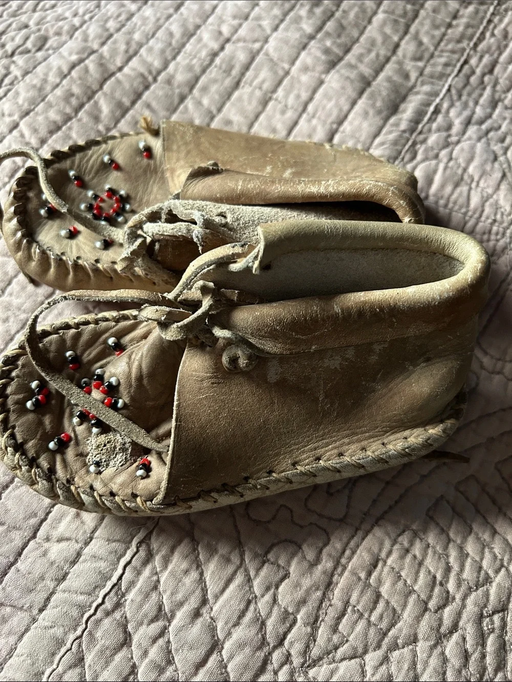 Vintage Handmade Tan Leather Beaded Children's Moccasins